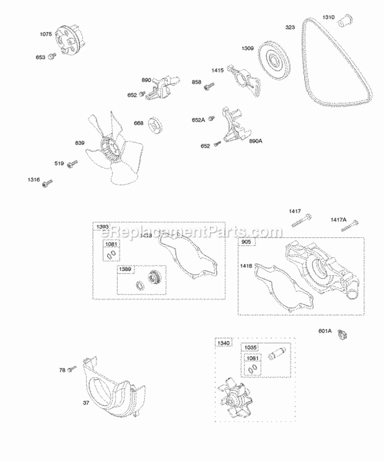 Radiator Fan Water Pump Diagram and Parts List for 610177-0100-E1  Briggs and Stratton Engine
